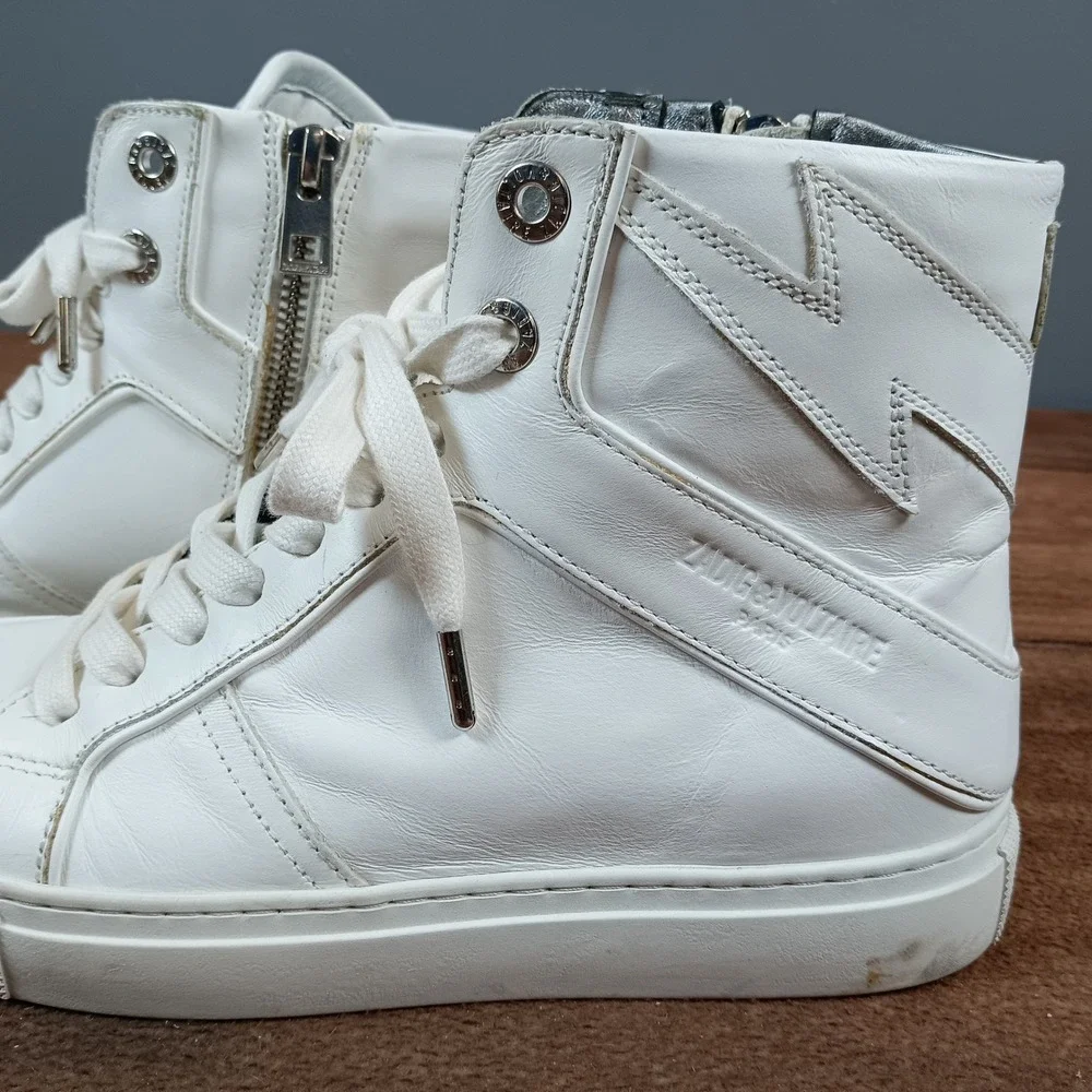 Zadig & Voltaire Paris White Leather High Top Sneakers Zip Lightning Bolt size37